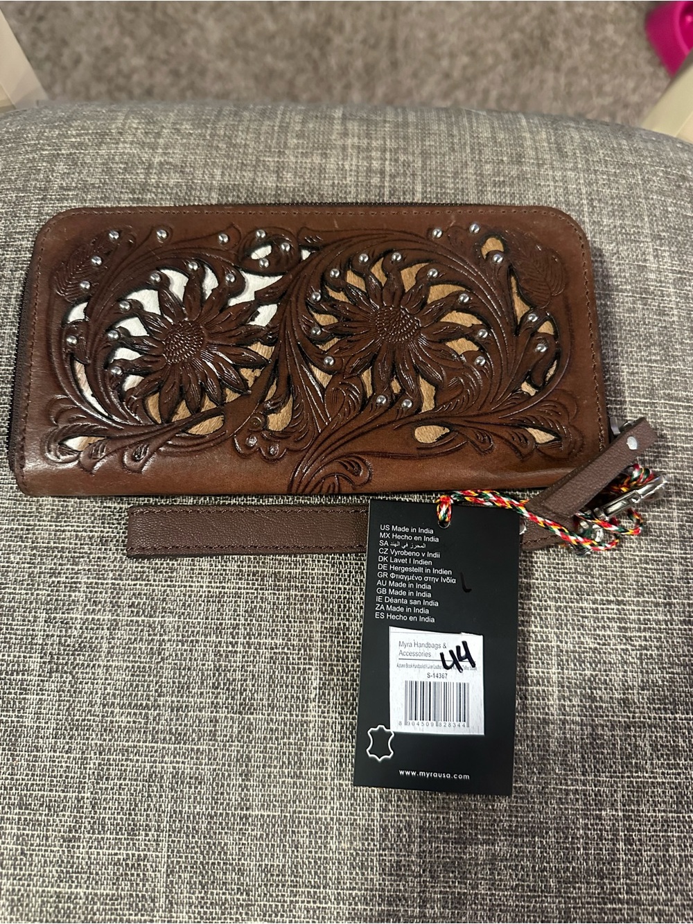 Myra Bag Hand-Tooled Floral Brown Leather Wristlet